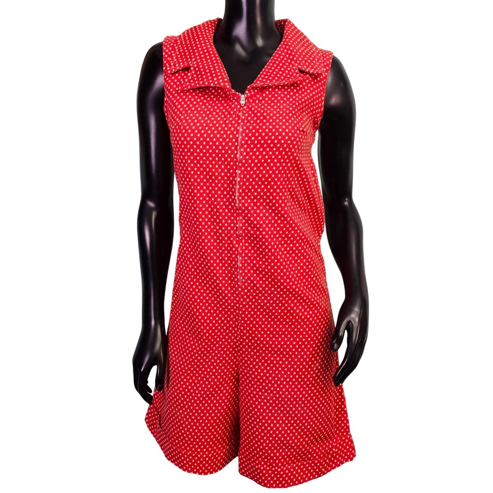 Vintage Sears JR Bazaar Red Polka Dot Sleeveless Romper Talon Zip Retro 60s 70s